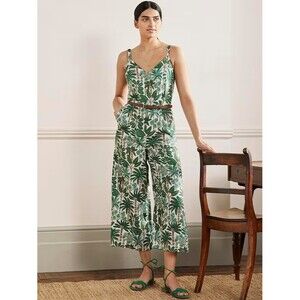 Boden Womens Jumpsuit Green Lola Palm Forest Linen V Neck Smocked Boho 8T Tall
